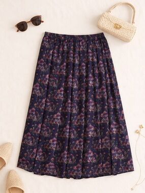 Vintage Floral Pleated Midi Skirt Purple Navy Elastic Waist Boho Cottagecore